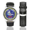 Men's casual watch with a round dial featuring the SEAL Team 4 emblem, silver-tone case and black leather strap, shown with the strap to the side.