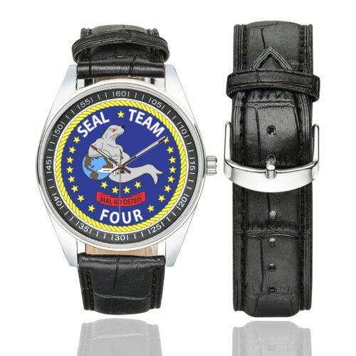 Men's casual watch with a round dial featuring the SEAL Team 4 emblem, silver-tone case and black leather strap, shown with the strap to the side.