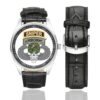 Men's casual watch with a round dial featuring the US Army Airborne Sniper emblem, silver-tone case and black leather strap, shown with the strap to the side.