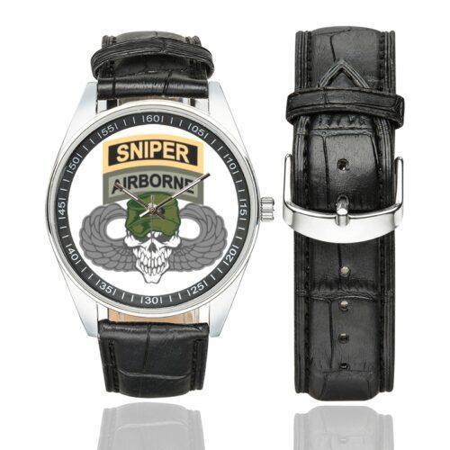 Men's casual watch with a round dial featuring the US Army Airborne Sniper emblem, silver-tone case and black leather strap, shown with the strap to the side.