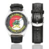 Men's casual watch with a round dial featuring the US Army Air Cavalry Division Vietnam Veteran emblem, silver-tone case and black leather strap, shown with the strap to the side.