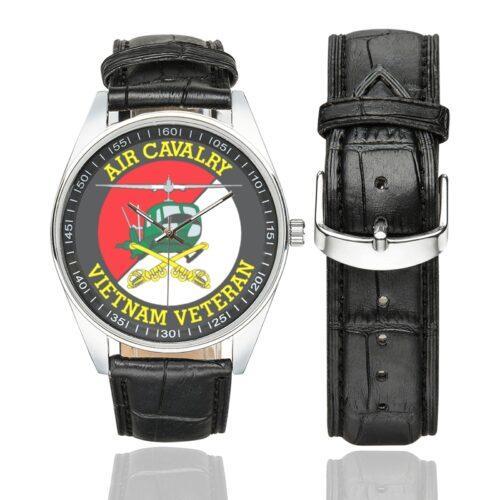 Men's casual watch with a round dial featuring the US Army Air Cavalry Division Vietnam Veteran emblem, silver-tone case and black leather strap, shown with the strap to the side.