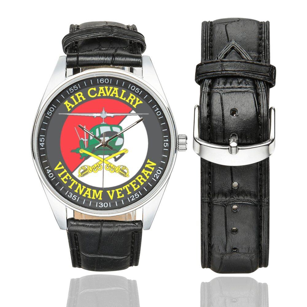 Men's casual watch with a round dial featuring the US Army Air Cavalry Division Vietnam Veteran emblem, silver-tone case and black leather strap, shown with the strap to the side.