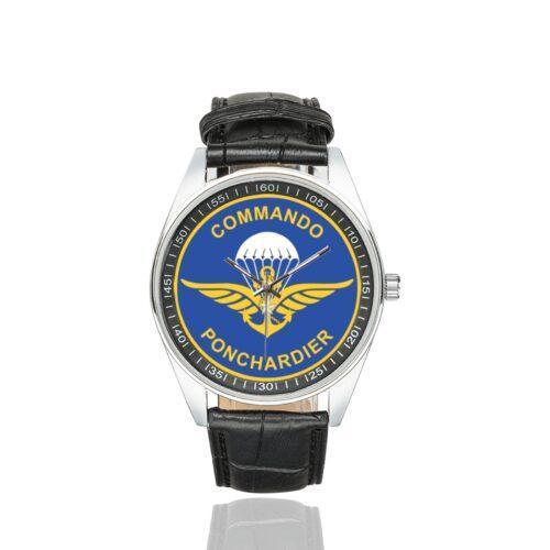 Men's casual watch with a round dial featuring the Commando Marine Ponchardier emblem, silver-tone case and black leather strap.