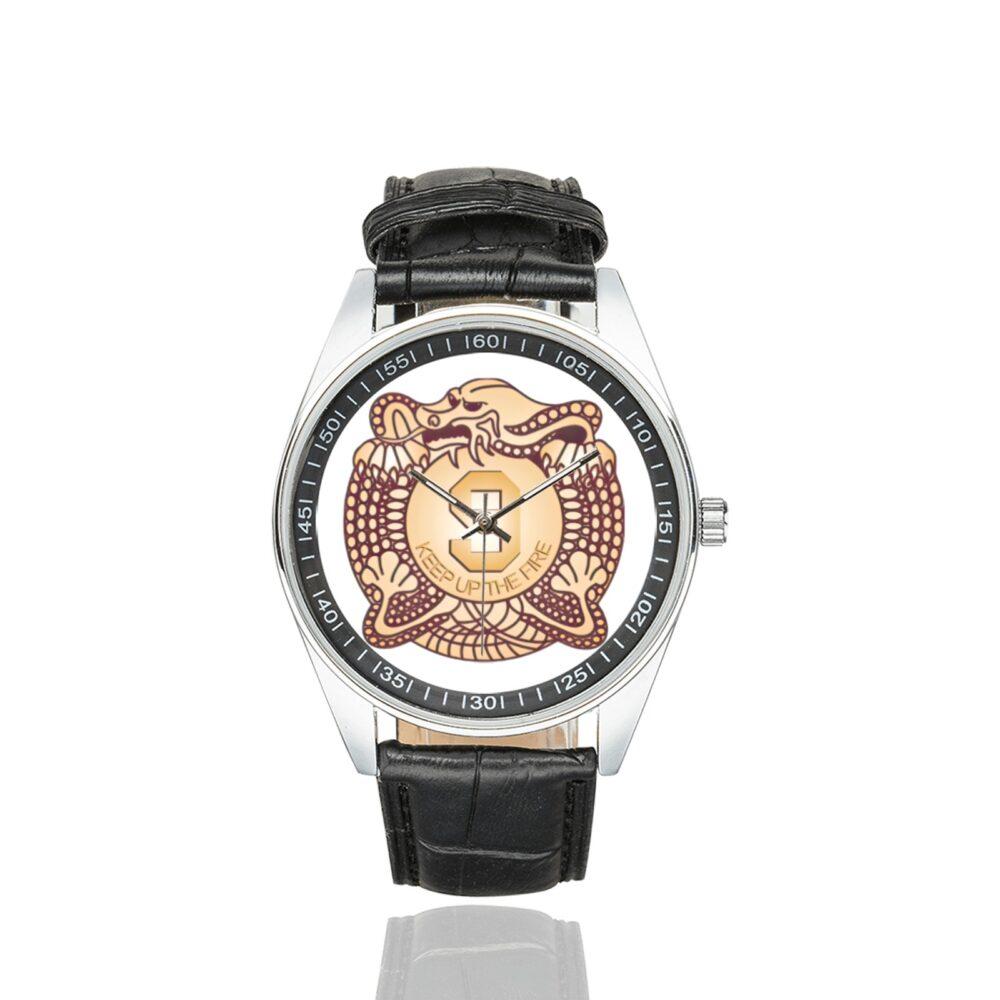 Men's casual watch with a round dial featuring the US Army 9th Infantry Regiment DUI emblem, silver-tone case and black leather strap.