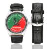 Men's casual watch with a round dial featuring the 2 REI CSA Kourou emblem, silver-tone case and black leather strap, shown with the strap to the side.