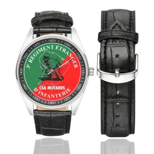 Men's casual watch with a round dial featuring the 2 REI CSA Kourou emblem, silver-tone case and black leather strap, shown with the strap to the side.