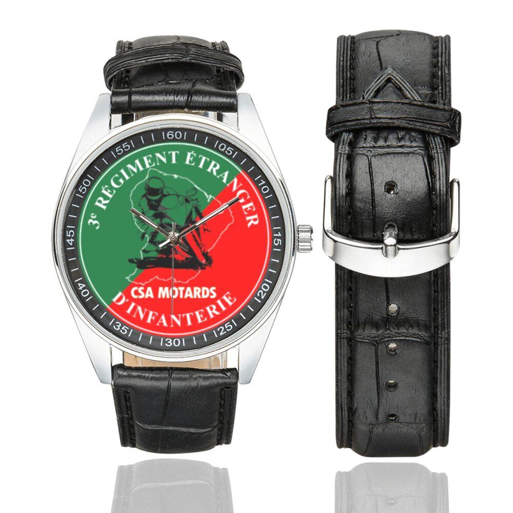 Men's casual watch with a round dial featuring the 2 REI CSA Kourou emblem, silver-tone case and black leather strap, shown with the strap to the side.
