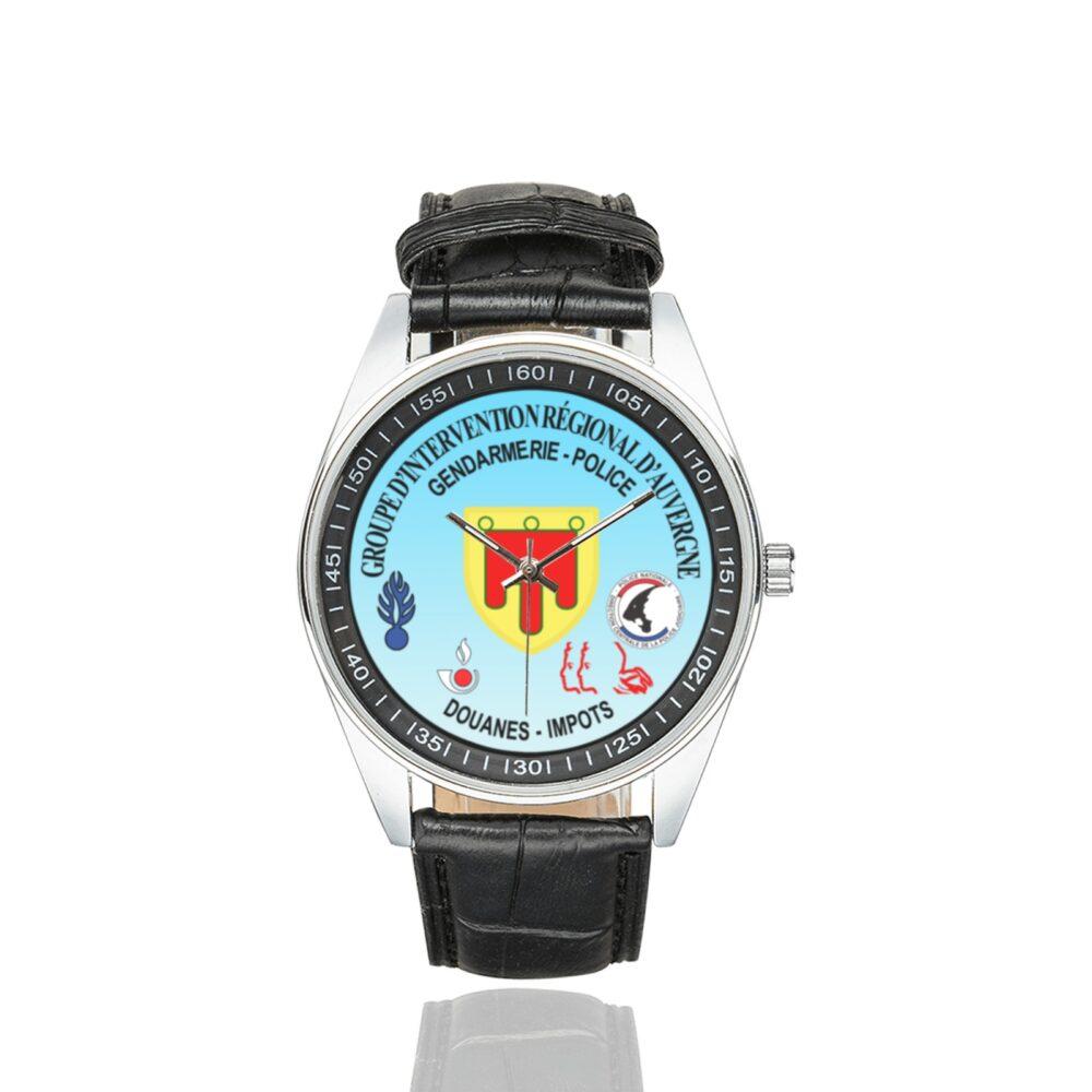 Men's casual watch with a round dial featuring the GIR Auvergne emblem, silver-tone case and black leather strap.