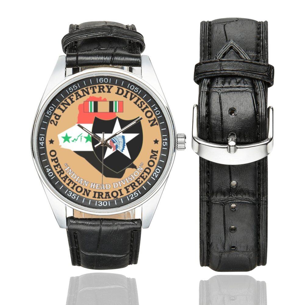 Men's casual watch with a round dial featuring the US Army 2D Infantry Division OIF emblem, silver-tone case and black leather strap, shown with the strap to the side.