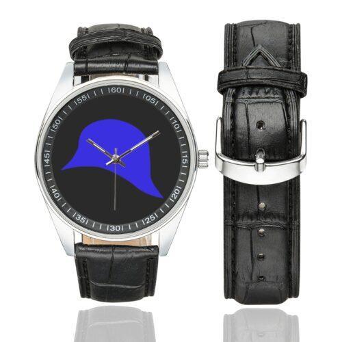 Men's casual watch with a round dial featuring the US 93rd Infantry Division emblem, silver-tone case and black leather strap, shown with the strap to the side.