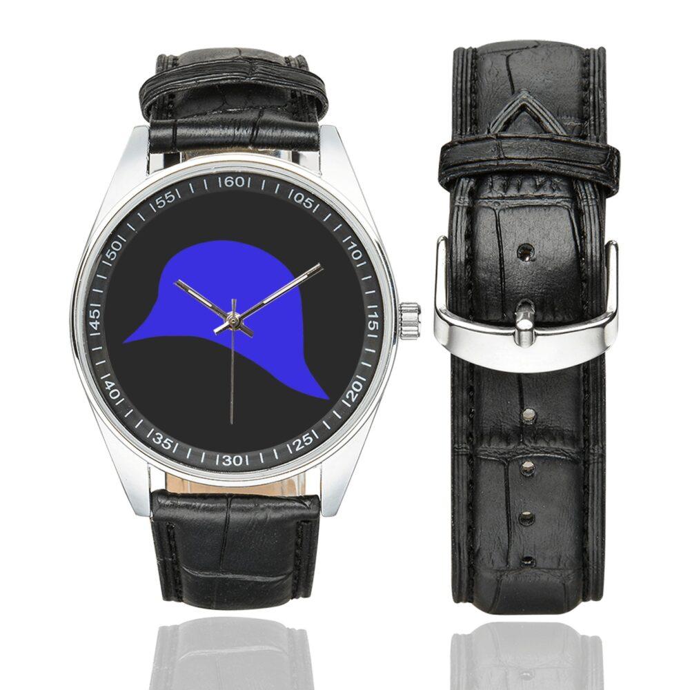 Men's casual watch with a round dial featuring the US 93rd Infantry Division emblem, silver-tone case and black leather strap, shown with the strap to the side.