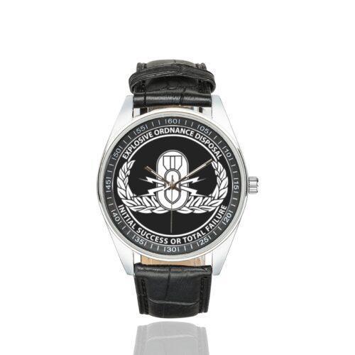 Men's casual watch with a round dial featuring the Explosive Ordnance Disposal emblem, silver-tone case and black leather strap.