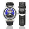 Men's casual watch with a round dial featuring the 21st STS Special Tactics Squadron emblem, silver-tone case and black leather strap, shown with the strap to the side.