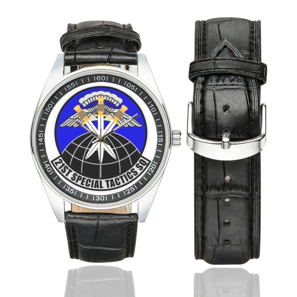 Men's casual watch with a round dial featuring the 21st STS Special Tactics Squadron emblem, silver-tone case and black leather strap, shown with the strap to the side.