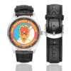 Men's casual watch with a round dial featuring the US Army 25th Infantry Division Veteran emblem, silver-tone case and black leather strap, shown with the strap to the side.