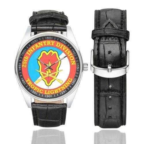 Men's casual watch with a round dial featuring the US Army 25th Infantry Division Veteran emblem, silver-tone case and black leather strap, shown with the strap to the side.