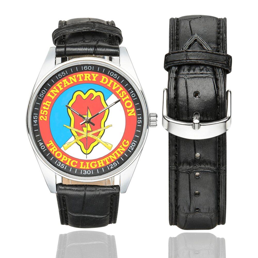 Men's casual watch with a round dial featuring the US Army 25th Infantry Division Veteran emblem, silver-tone case and black leather strap, shown with the strap to the side.