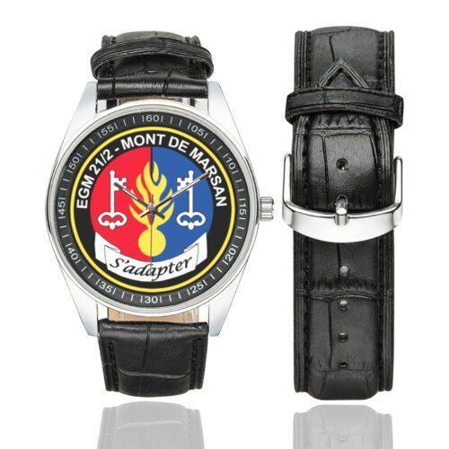 Men's casual watch with a round dial featuring the EGM 21-2 Mont-de-Marsan emblem, silver-tone case and black leather strap, shown with the strap to the side.