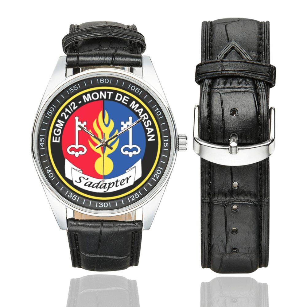 Men's casual watch with a round dial featuring the EGM 21-2 Mont-de-Marsan emblem, silver-tone case and black leather strap, shown with the strap to the side.