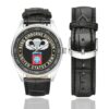 Men's casual watch with a round dial featuring the 82nd Airborne emblem, silver-tone case and black leather strap, shown with the strap to the side.