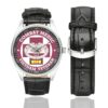 Men's casual watch with a round dial featuring the US Army Combat Medic Vietnam Veteran emblem, silver-tone case and black leather strap, shown with the strap to the side.