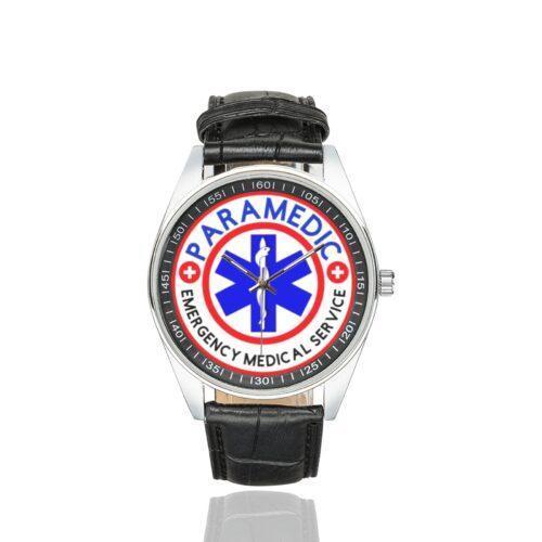 Men's casual watch with a round dial featuring the Paramedic EMS emblem, silver-tone case and black leather strap.