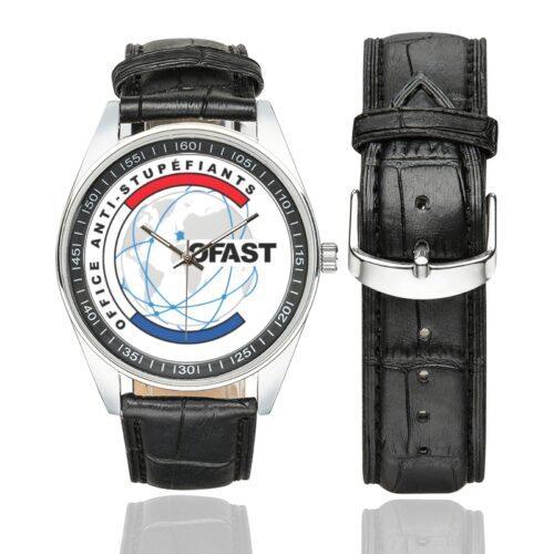 Men's casual watch with a round dial featuring the OFAST emblem, silver-tone case and black leather strap, shown with the strap to the side.
