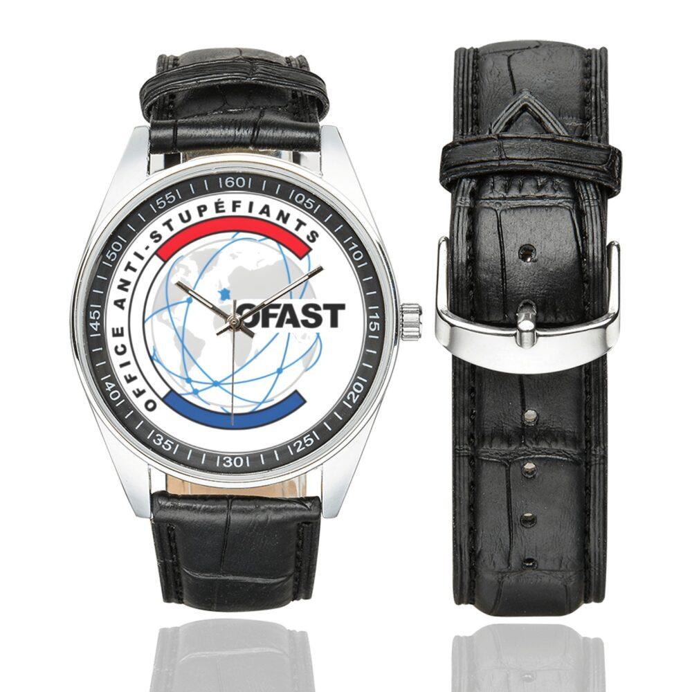 Men's casual watch with a round dial featuring the OFAST emblem, silver-tone case and black leather strap, shown with the strap to the side.