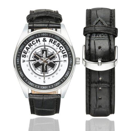 Men's casual watch with a round dial featuring the Search & Rescue emblem, silver-tone case and black leather strap, shown with the strap to the side.