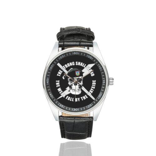 Men's casual watch with a round dial featuring the USAF Tactical Air Control Party emblem, silver-tone case and black leather strap.