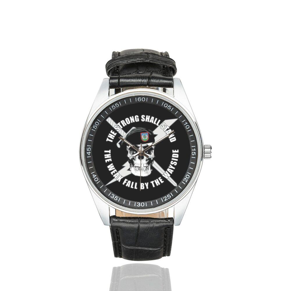 Men's casual watch with a round dial featuring the USAF Tactical Air Control Party emblem, silver-tone case and black leather strap.