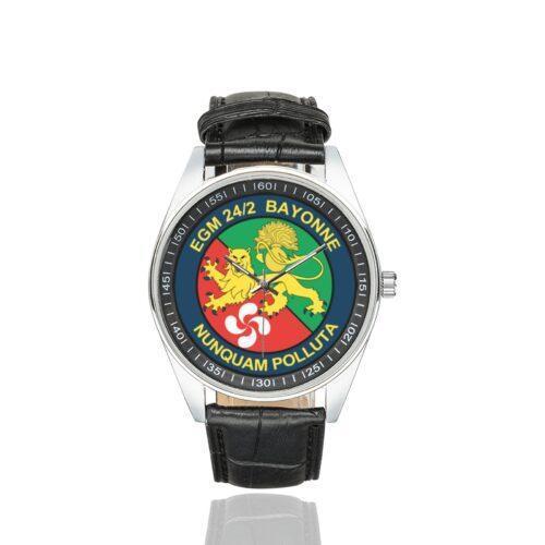Men's casual watch with a round dial featuring the EGM 24-2 Bayonne emblem, silver-tone case and black leather strap.