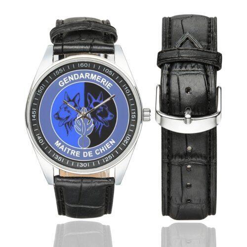 Men's casual watch with a round dial featuring the Gendarmerie maitre chien emblem, silver-tone case and black leather strap, shown with the strap to the side.