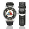 Men's casual watch with a round dial featuring the US Army 1st Armored Division Veteran emblem, silver-tone case and black leather strap, shown with the strap to the side.