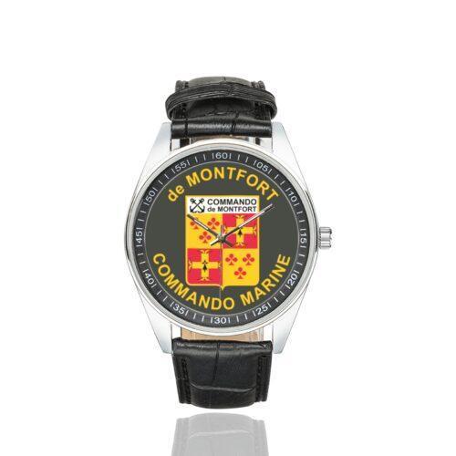Men's casual watch with a round dial featuring the Commando Marine de Montfort emblem, silver-tone case and black leather strap.