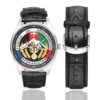 Men's casual watch with a round dial featuring the Gendarmerie POMLT Afghanistan emblem, silver-tone case and black leather strap, shown with the strap to the side.