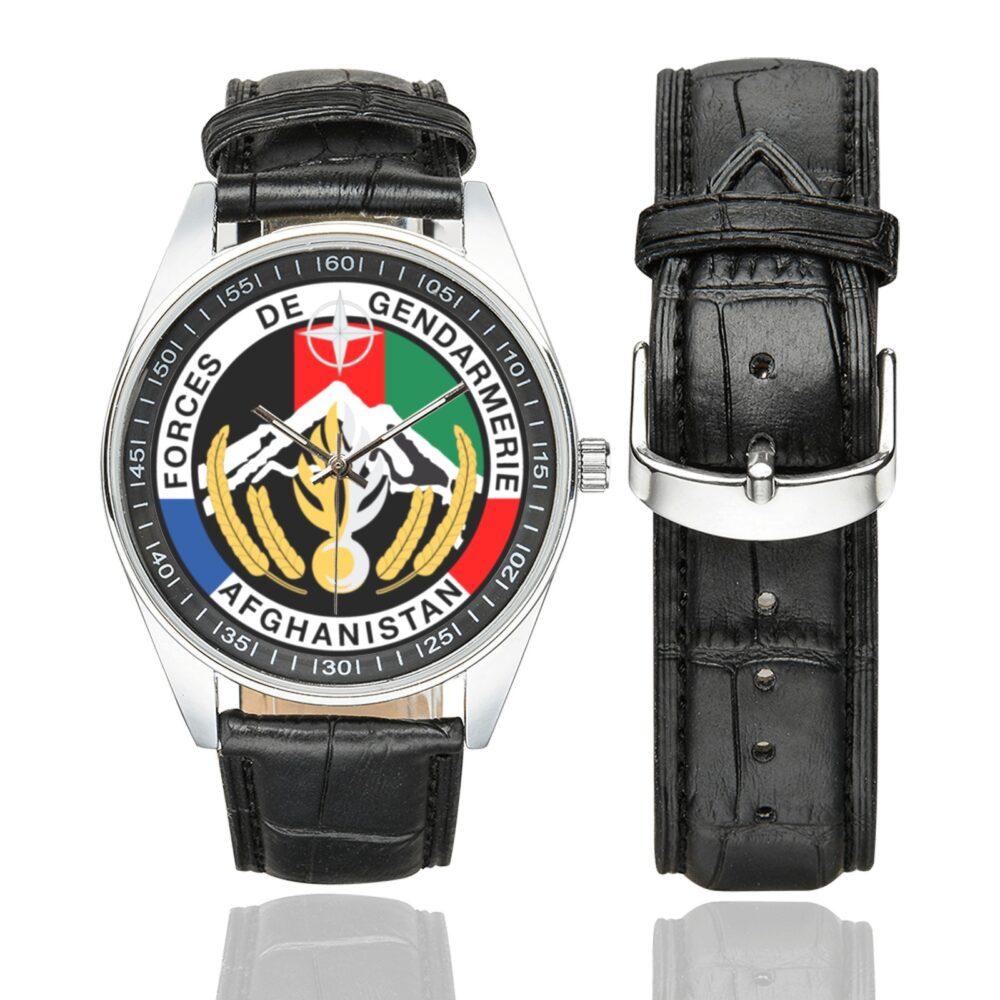 Men's casual watch with a round dial featuring the Gendarmerie POMLT Afghanistan emblem, silver-tone case and black leather strap, shown with the strap to the side.