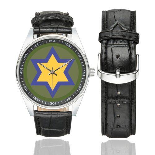 Men's casual watch with a round dial featuring the US 66th Cavalry Division emblem, silver-tone case and black leather strap, shown with the strap to the side.