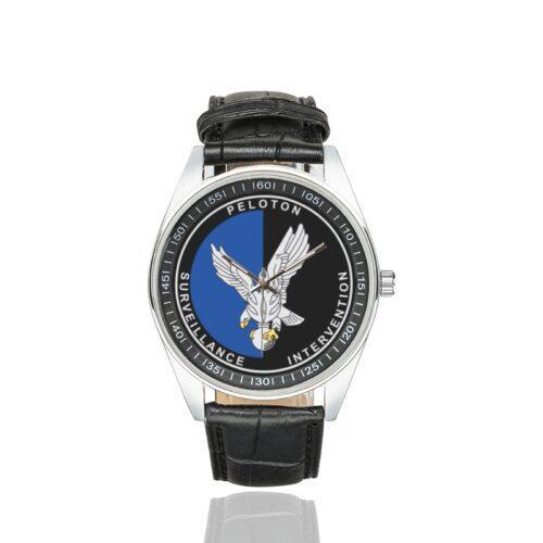 Men's casual watch with a round dial featuring the PSIG emblem, silver-tone case and black leather strap.