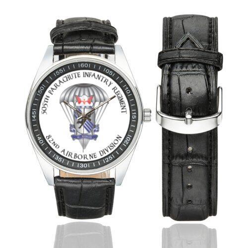 Men's casual watch with a round dial featuring the US Army 505th Parachute Infantry Regt. emblem, silver-tone case and black leather strap, shown with the strap to the side.