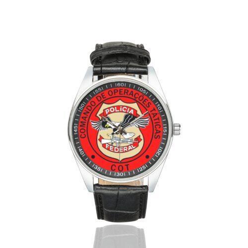 Men's casual watch with a round dial featuring the Brazilian Federal Police emblem, silver-tone case and black leather strap.
