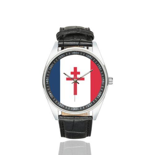 Men's casual watch with a round dial featuring the Free France (1940-1944) emblem, silver-tone case and black leather strap.