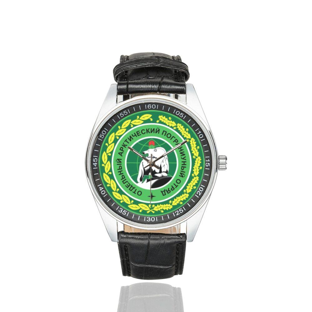 Men's casual watch with a round dial featuring the Russian Military Arctic Border Troops emblem, silver-tone case and black leather strap.
