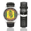 Men's casual watch with a round dial featuring the US Army 1st Infantry Division Vietnam Veteran emblem, silver-tone case and black leather strap, shown with the strap to the side.