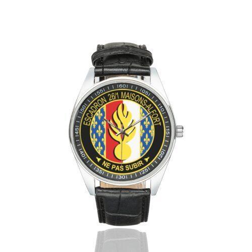 Men's casual watch with a round dial featuring the EGM 26-1 Maisons-Alfort emblem, silver-tone case and black leather strap.