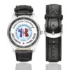 Men's casual watch with a round dial featuring the DCSP emblem, silver-tone case and black leather strap, shown with the strap to the side.
