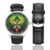 Men's casual watch with a round dial featuring the 3rd Border Detachment Pomsta Brigade emblem, silver-tone case and black leather strap, shown with the strap to the side.