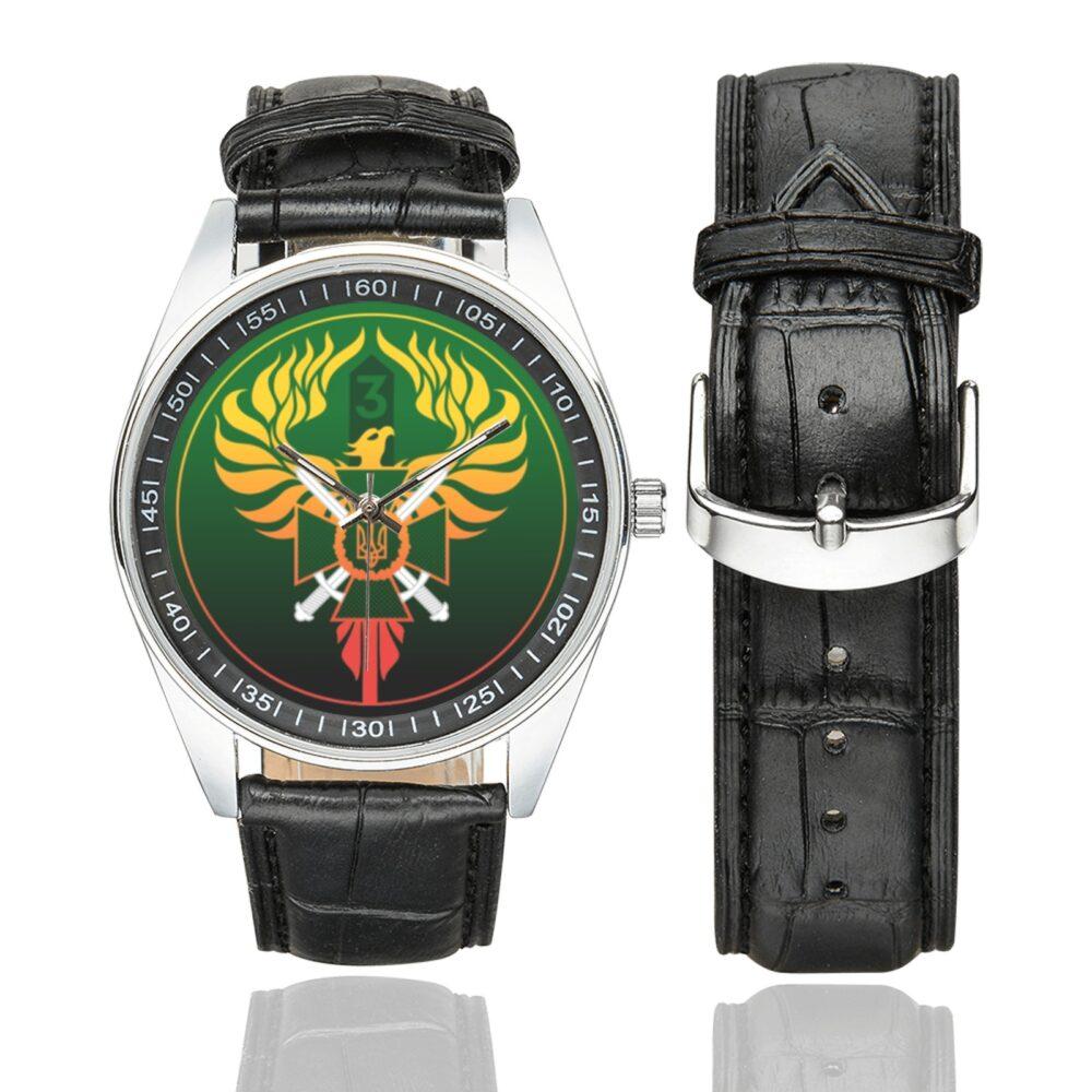 Men's casual watch with a round dial featuring the 3rd Border Detachment Pomsta Brigade emblem, silver-tone case and black leather strap, shown with the strap to the side.