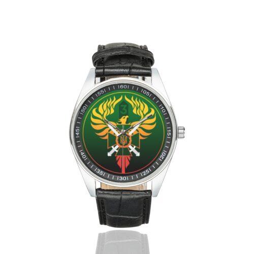 Men's casual watch with a round dial featuring the 3rd Border Detachment Pomsta Brigade emblem, silver-tone case and black leather strap.